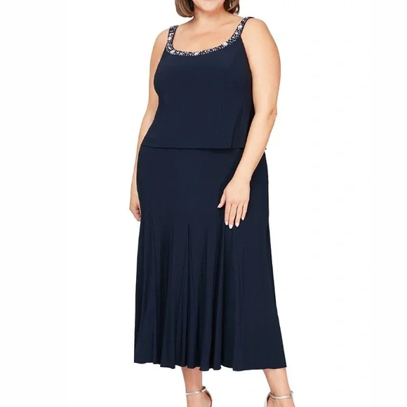 Alex Evenings | Dresses | Alex Evenings Dark Blue Sleeveless Beaded Trim Midi  Dress | Poshmark